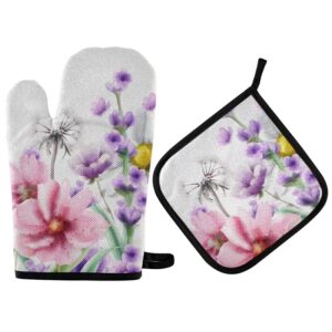 lavender flowers watercolor oven mitts pot holder sets spring summer non-slip kitchen heat resistant hot pads for women cooking gloves baking bakewear bbq gifts