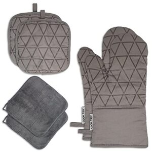 oven mitts & pot holders sets - kitchen gloves & towel gift box set gray 6pcs by cook tidy - 13” xtra large thick washable - professional & heavy duty - protective long cuff for cooking, baking, bbq