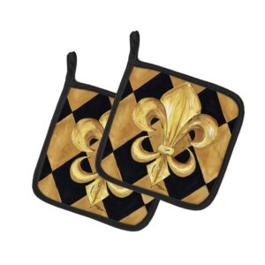 caroline's treasures 8125pthd black and gold fleur de lis new orleans pair of pot holders kitchen heat resistant pot holders sets oven hot pads for cooking baking bbq, 7 1/2 x 7 1/2