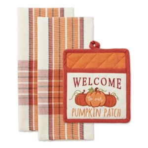 dii fall kitchen décor collection dish towel & potholder hostess gift set, pumpkin patch, 3 piece