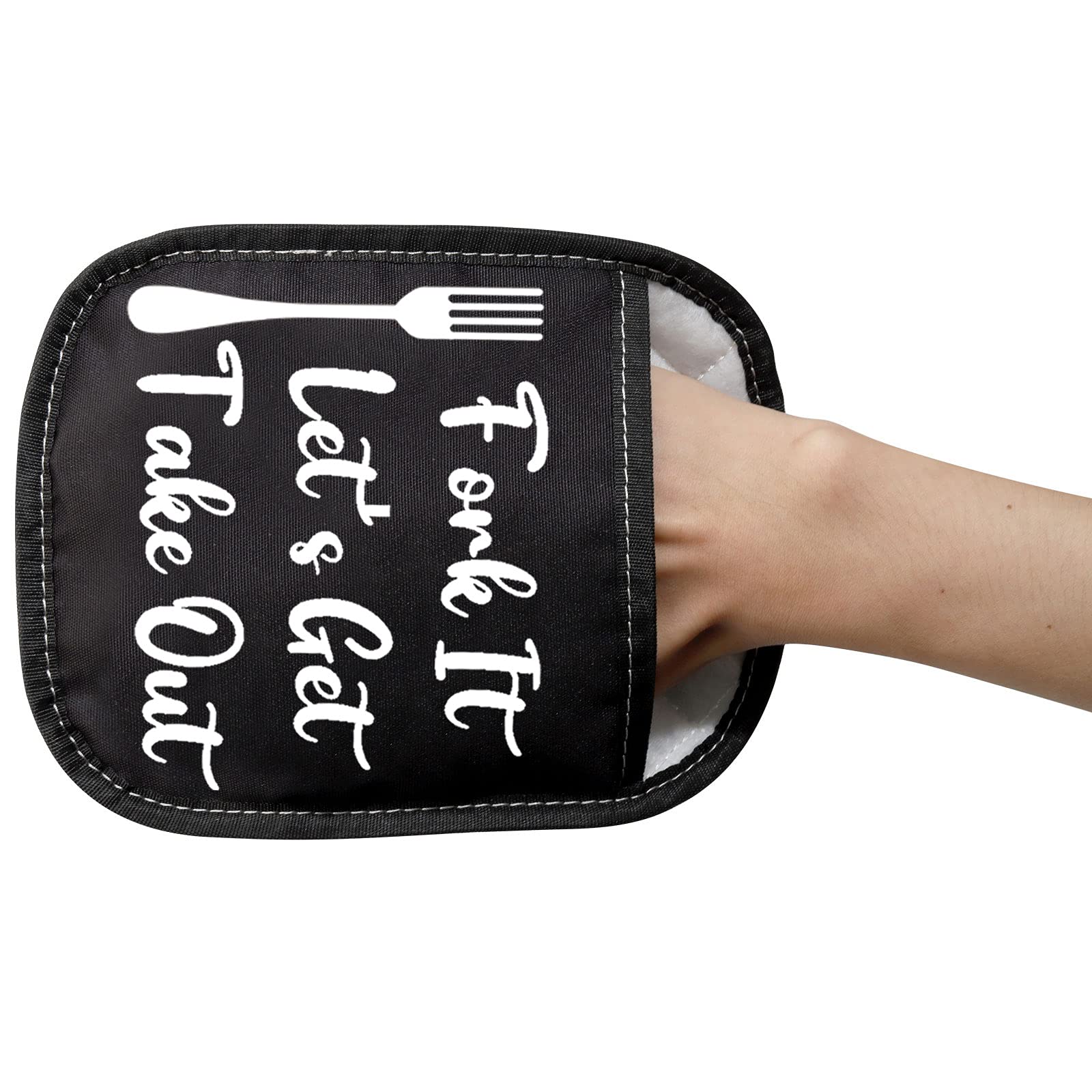 LEVLO Kitchen Lovers Gifts Fork It Let's Get Take-Out Kitchen for Potholders Funny Quote Oven Mitt Gifts (Let's Get Take-Out Kitchen)