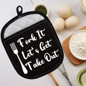 LEVLO Kitchen Lovers Gifts Fork It Let's Get Take-Out Kitchen for Potholders Funny Quote Oven Mitt Gifts (Let's Get Take-Out Kitchen)