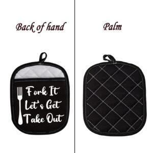 LEVLO Kitchen Lovers Gifts Fork It Let's Get Take-Out Kitchen for Potholders Funny Quote Oven Mitt Gifts (Let's Get Take-Out Kitchen)