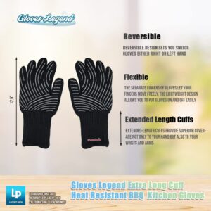 1 Pair (2 Gloves) - Gloves Legend Black Kitchen Oven BBQ Gloves – Machine Washable Heat Resistant Cooking Barbecue Grill Gloves - with Extra-Long Cuff