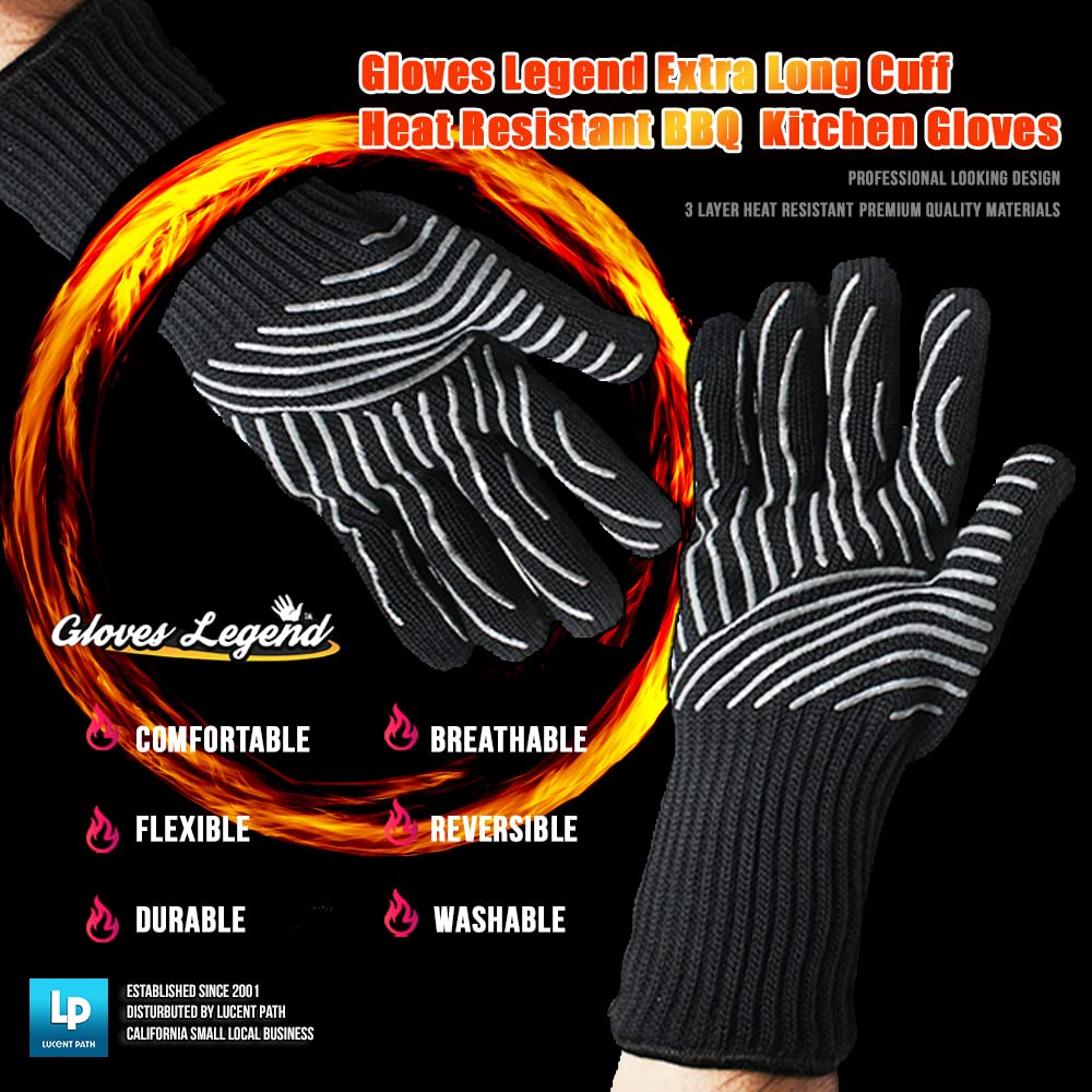 1 Pair (2 Gloves) - Gloves Legend Black Kitchen Oven BBQ Gloves – Machine Washable Heat Resistant Cooking Barbecue Grill Gloves - with Extra-Long Cuff