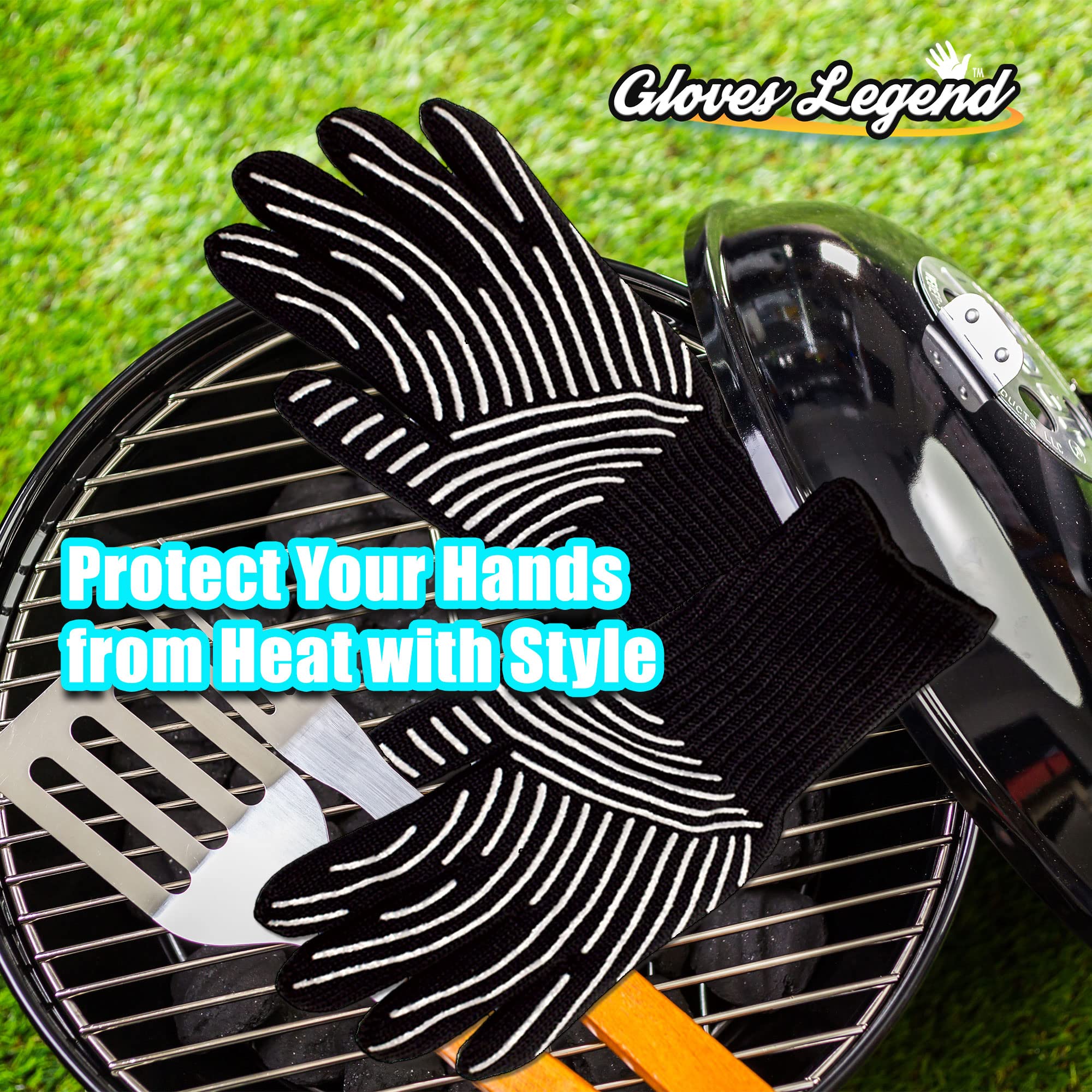 1 Pair (2 Gloves) - Gloves Legend Black Kitchen Oven BBQ Gloves – Machine Washable Heat Resistant Cooking Barbecue Grill Gloves - with Extra-Long Cuff