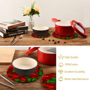 Kitchen Pot Holders Set Round Cotton Potholders Hot Pads, Hot Mats Red Apple for Hot Dishes Pot Bowl Teapot