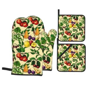 nice fruit flower oven mitts and pot holders heat resistant 4 pcs sets waterproof non-slip for bbq cooking baking grilling