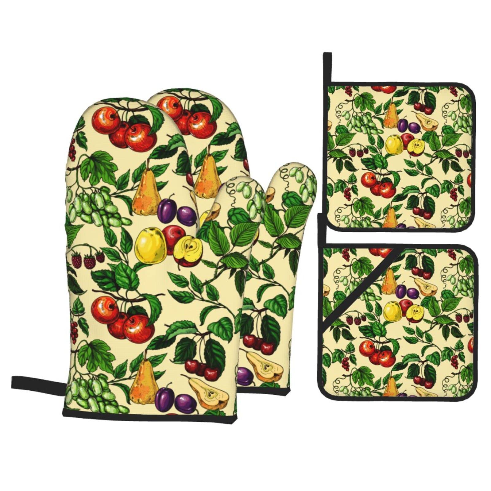 Nice Fruit Flower Oven Mitts and Pot Holders Heat Resistant 4 Pcs Sets Waterproof Non-Slip for BBQ Cooking Baking Grilling