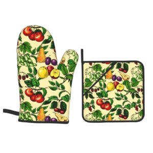 Nice Fruit Flower Oven Mitts and Pot Holders Heat Resistant 4 Pcs Sets Waterproof Non-Slip for BBQ Cooking Baking Grilling