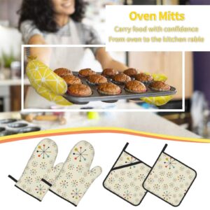 Retro Modern Oven Mitts and Pot Holders Sets, 4 Piece Set, Heat Resistant Polyester Gloves and Pads for Kitchen Cooking Baking Grilling BBQ