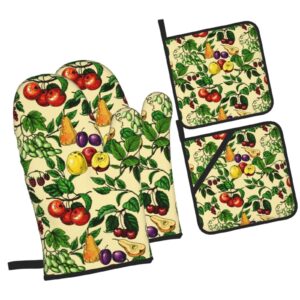 Nice Fruit Flower Oven Mitts and Pot Holders Heat Resistant 4 Pcs Sets Waterproof Non-Slip for BBQ Cooking Baking Grilling