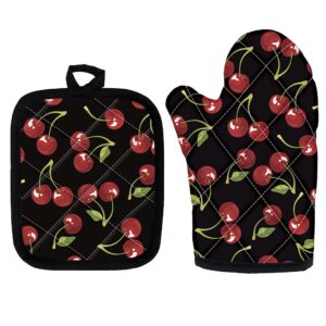 Kuiaobaty Kitchen 2pcs Oven Mitt Cherry Print Oven Mitt Set Heat Resistant Pot Holders Thick Kitchen Gloves Red Cherry Print