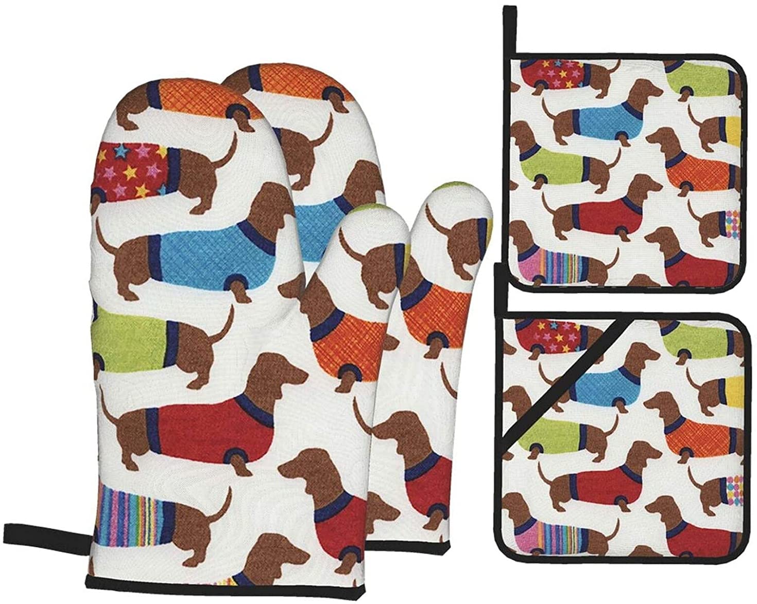 Pajamas Dachshund Pattern Oven Mitts and Pot Holders Sets of 4,Resistant Hot Pads Non-Slip BBQ Gloves for Kitchen,Cooking