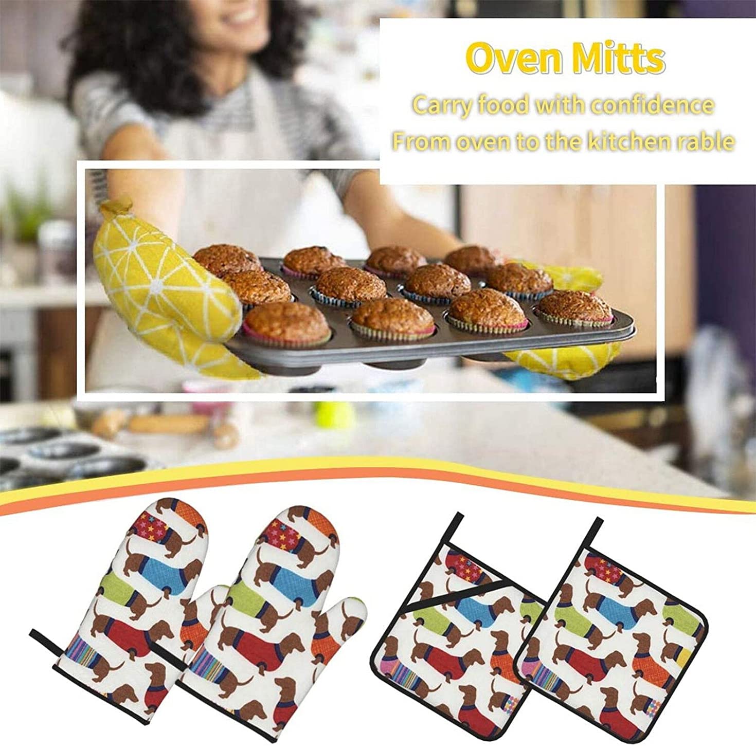 Pajamas Dachshund Pattern Oven Mitts and Pot Holders Sets of 4,Resistant Hot Pads Non-Slip BBQ Gloves for Kitchen,Cooking