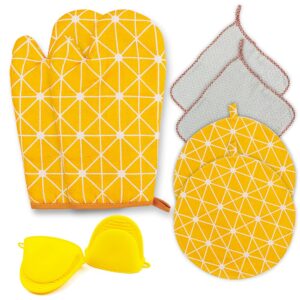 oven mitts and pot holders sets, 600 degrees heat resistant , potholders, gloves silicone cooking pinch mitts, microfiber cleaning cloth for kitchen, baking, bbq(8 pcs)., yellow