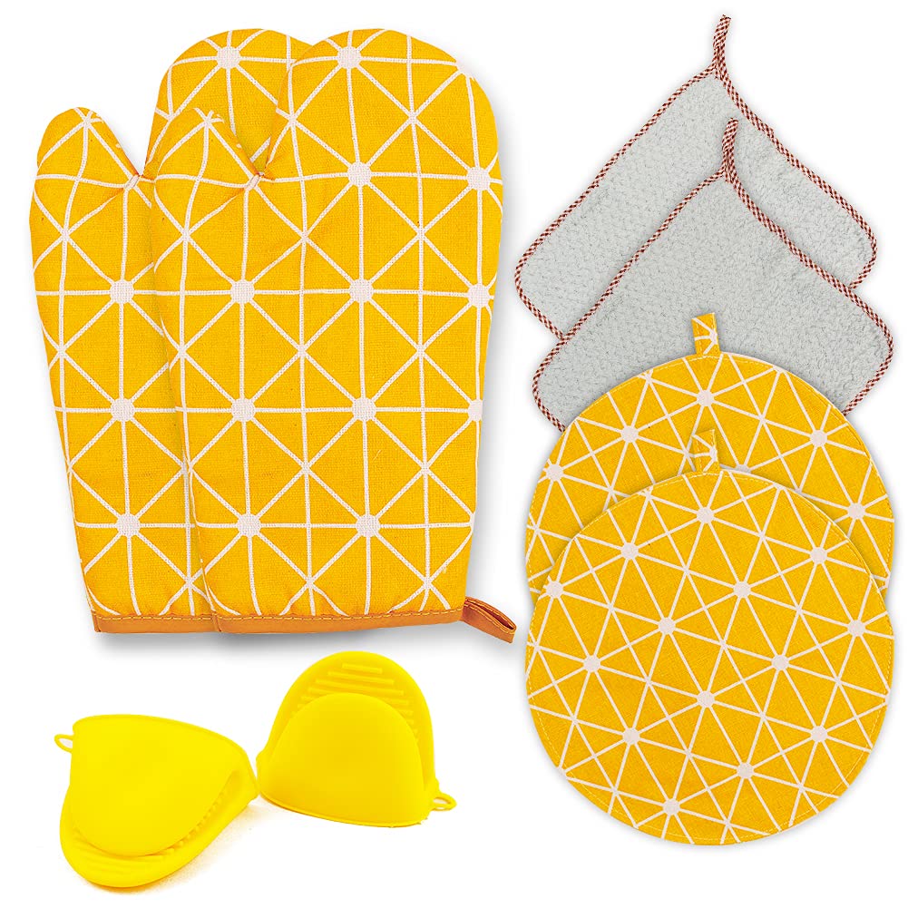 Oven Mitts and Pot Holders Sets, 600 degrees Heat Resistant , Potholders, Gloves Silicone Cooking Pinch Mitts, Microfiber Cleaning Cloth for Kitchen, Baking, BBQ(8 Pcs)., Yellow