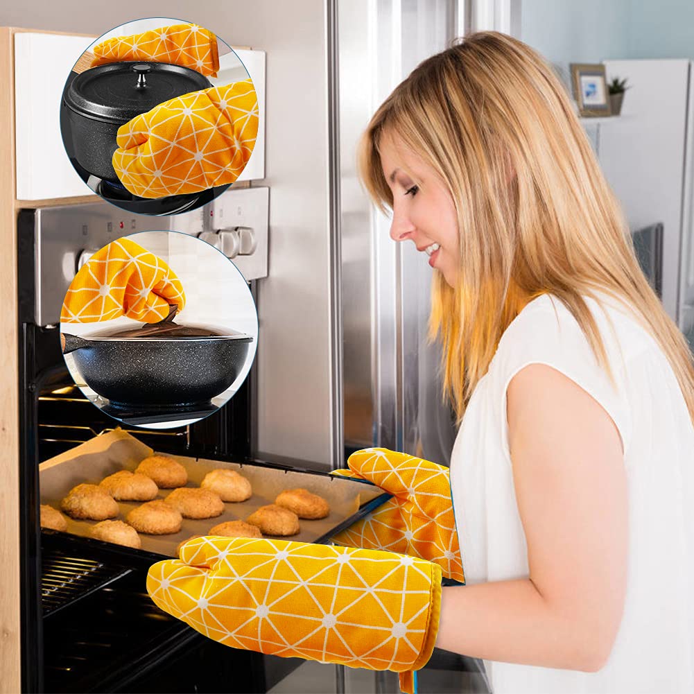 Oven Mitts and Pot Holders Sets, 600 degrees Heat Resistant , Potholders, Gloves Silicone Cooking Pinch Mitts, Microfiber Cleaning Cloth for Kitchen, Baking, BBQ(8 Pcs)., Yellow