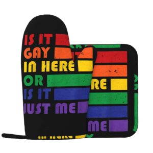 is it gay in here or is it just me lgbtq gay pride oven mitts and pot holders sets for baking barbecue and cooking microwave gloves pot rack hot pad