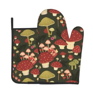 vintage mushroom oven mitts and pot holders sets of 2, non-slip cooking hot pads washable heat resistant for kitchen microwave bbq baking grilling