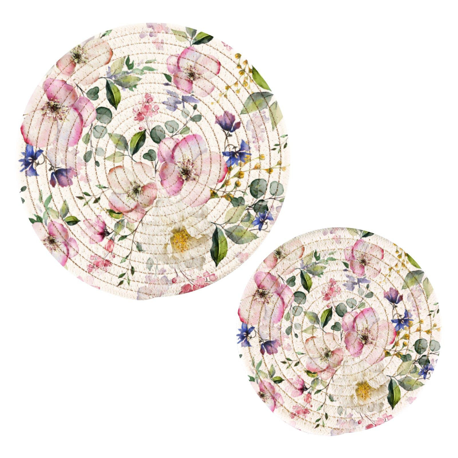 Trivets Pot Holders Spring Pink Flower Hot Mats 2 Pack Coasters Heat Resistant Thread Weave Potholder Kitchen Counter Table Decorative Dish Pot Pan Teapot