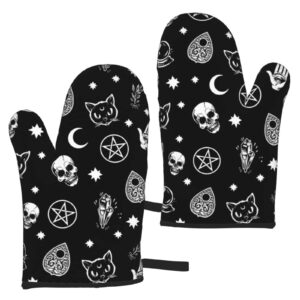 gothic skull cat moon halloween oven mitts 2pcs heat resistant non slip kitchen gloves for cooking bbq baking grilling