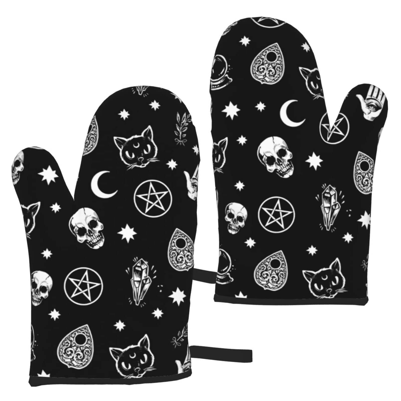 Gothic Skull Cat Moon Halloween Oven Mitts 2Pcs Heat Resistant Non Slip Kitchen Gloves for Cooking BBQ Baking Grilling