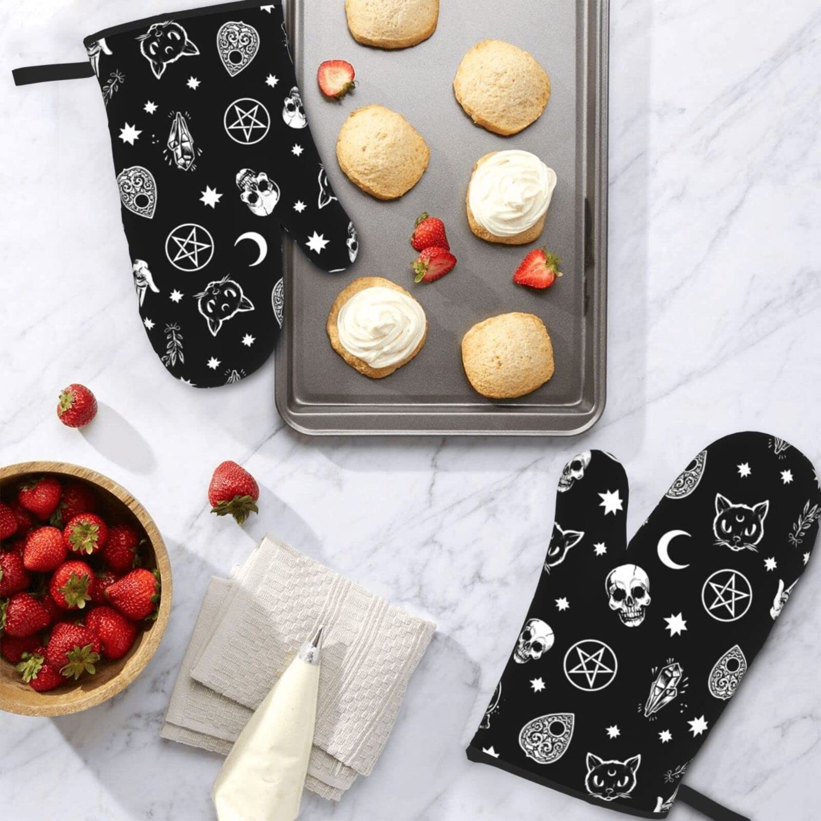 Gothic Skull Cat Moon Halloween Oven Mitts 2Pcs Heat Resistant Non Slip Kitchen Gloves for Cooking BBQ Baking Grilling