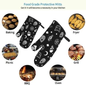 Gothic Skull Cat Moon Halloween Oven Mitts 2Pcs Heat Resistant Non Slip Kitchen Gloves for Cooking BBQ Baking Grilling