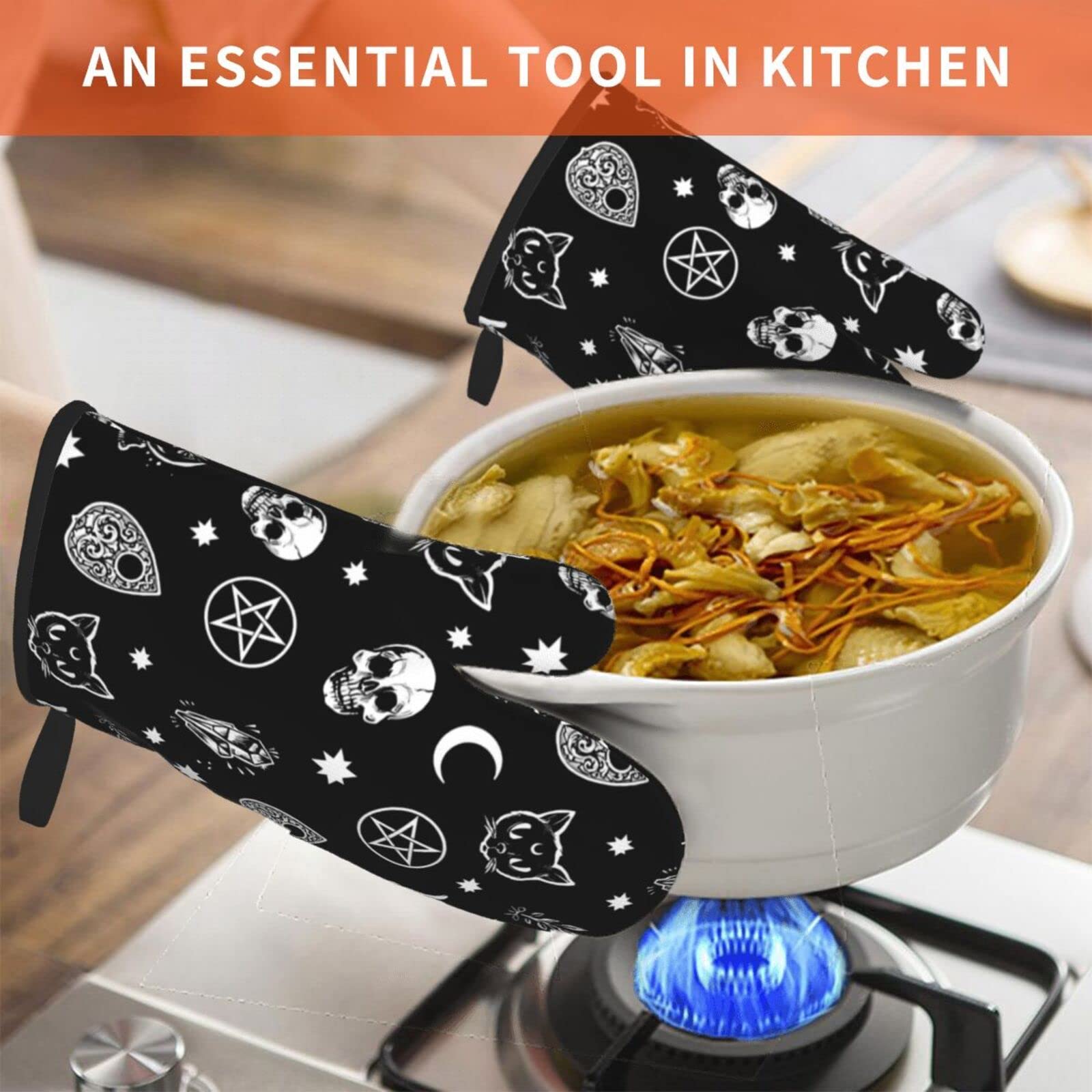 Gothic Skull Cat Moon Halloween Oven Mitts 2Pcs Heat Resistant Non Slip Kitchen Gloves for Cooking BBQ Baking Grilling