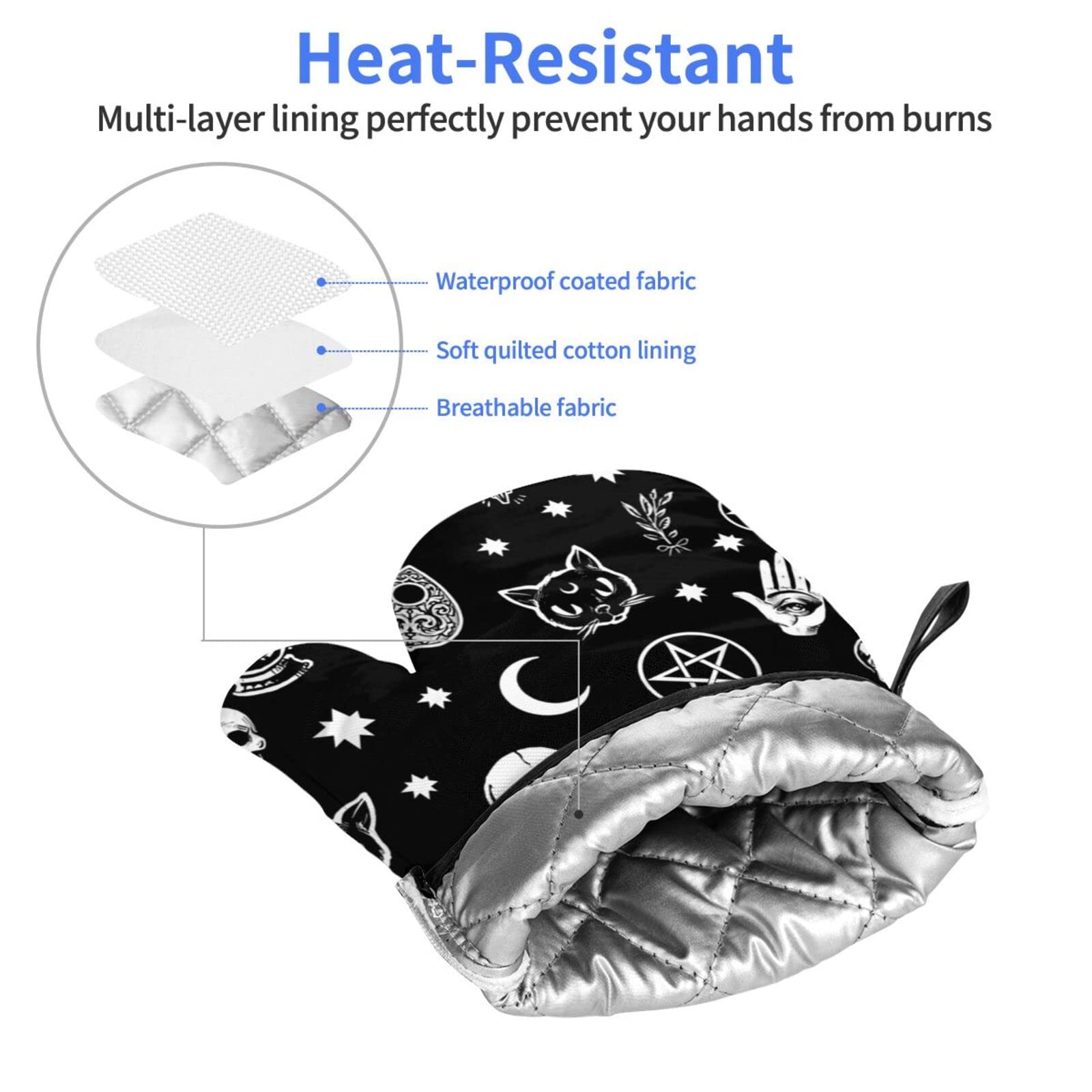 Gothic Skull Cat Moon Halloween Oven Mitts 2Pcs Heat Resistant Non Slip Kitchen Gloves for Cooking BBQ Baking Grilling