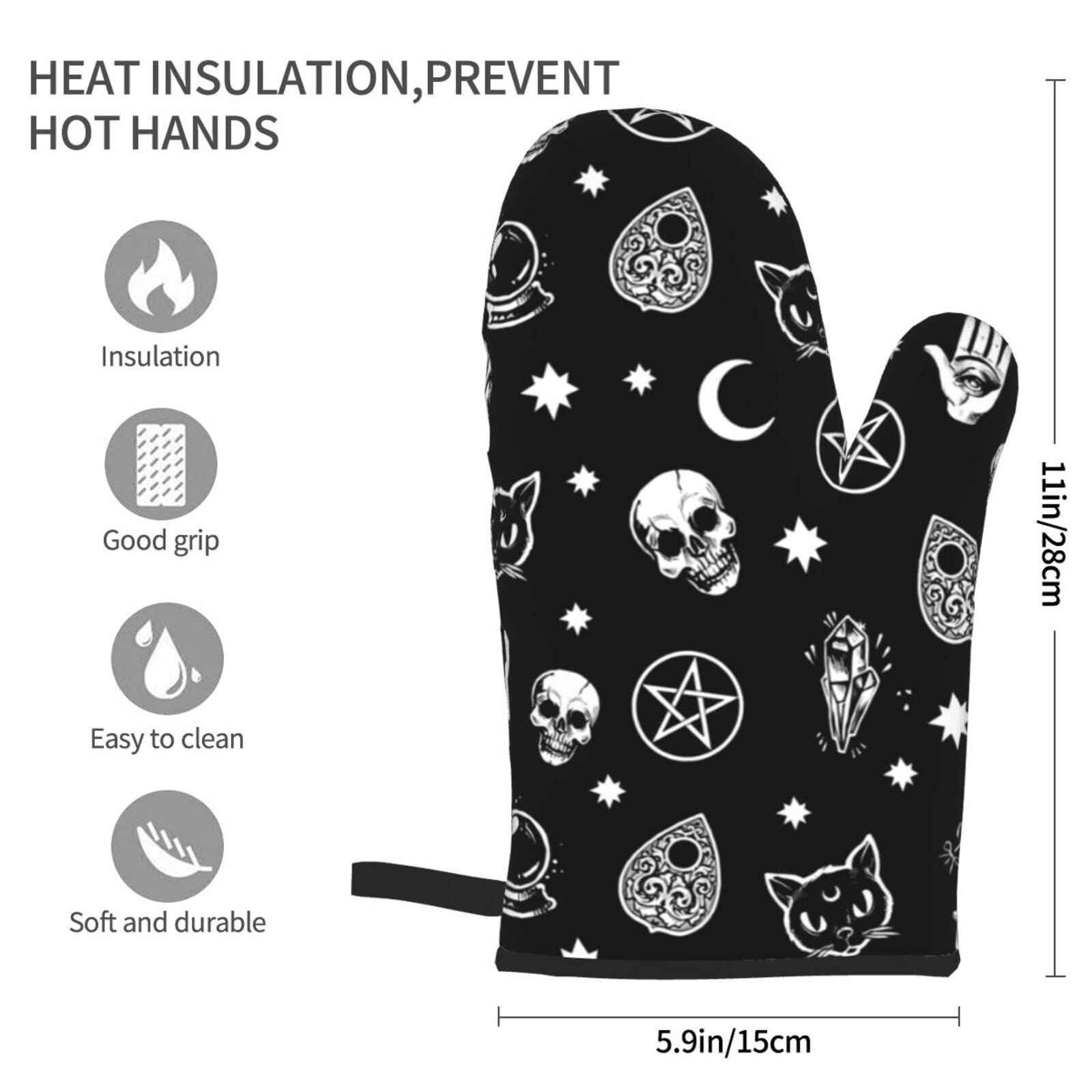 Gothic Skull Cat Moon Halloween Oven Mitts 2Pcs Heat Resistant Non Slip Kitchen Gloves for Cooking BBQ Baking Grilling