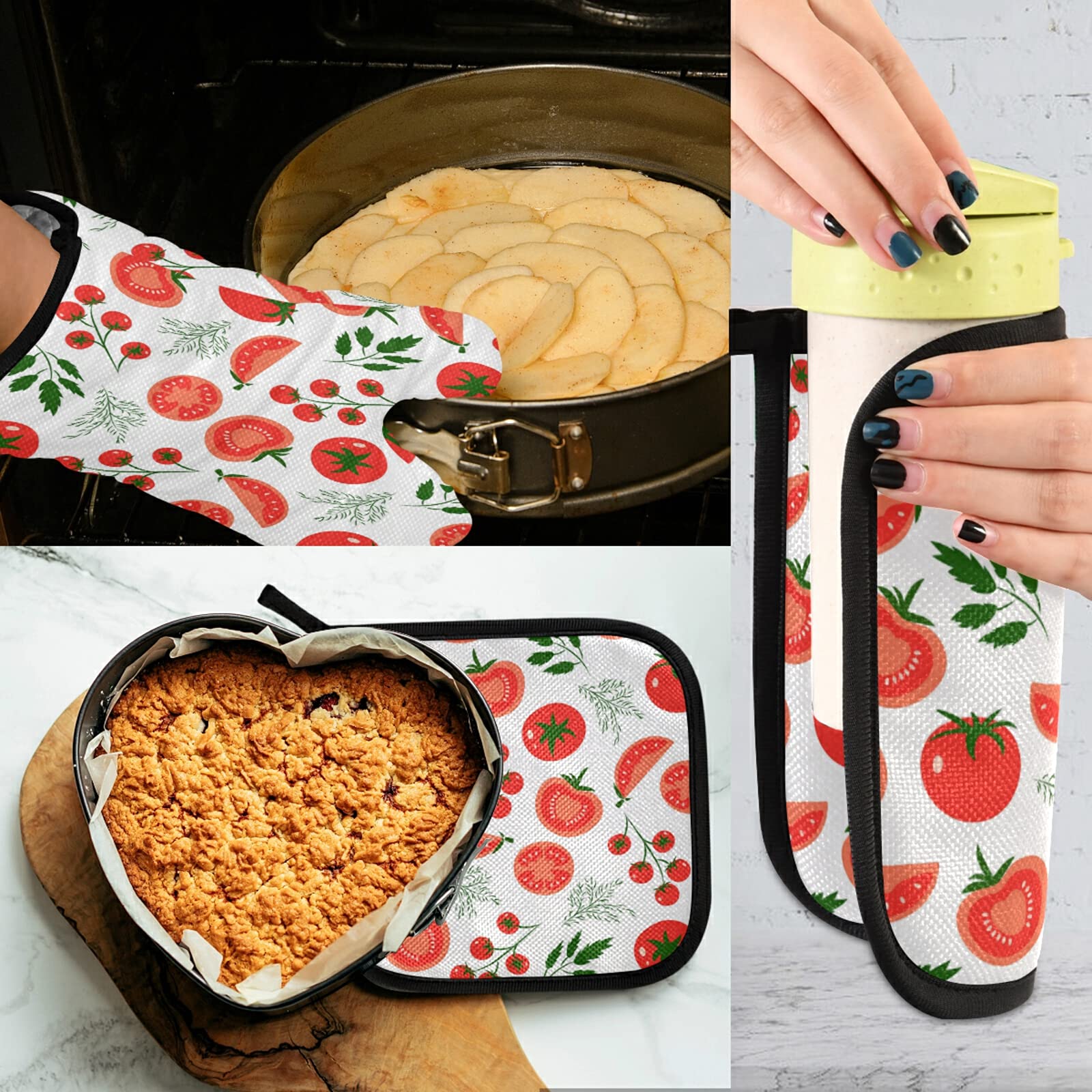 Farm Fresh Red Tomatoes Oven Mitts and Pot Holders Cooking Herbs Vegetables Cooking Gloves Kitchen Trivet Mats 2-Piece Set Non-Slip Heat Resistant Pad for Baking BBQ Home Decor