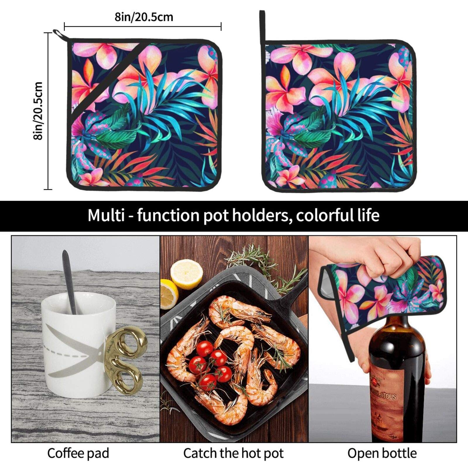 Pot Holders Sets Neon Tropical Hawaiian Flowers Heat Resistant Coaster Potholder 2 Pcs Set for Cooking Baking Non-Slip Water-Proof Potholders for Kitchens