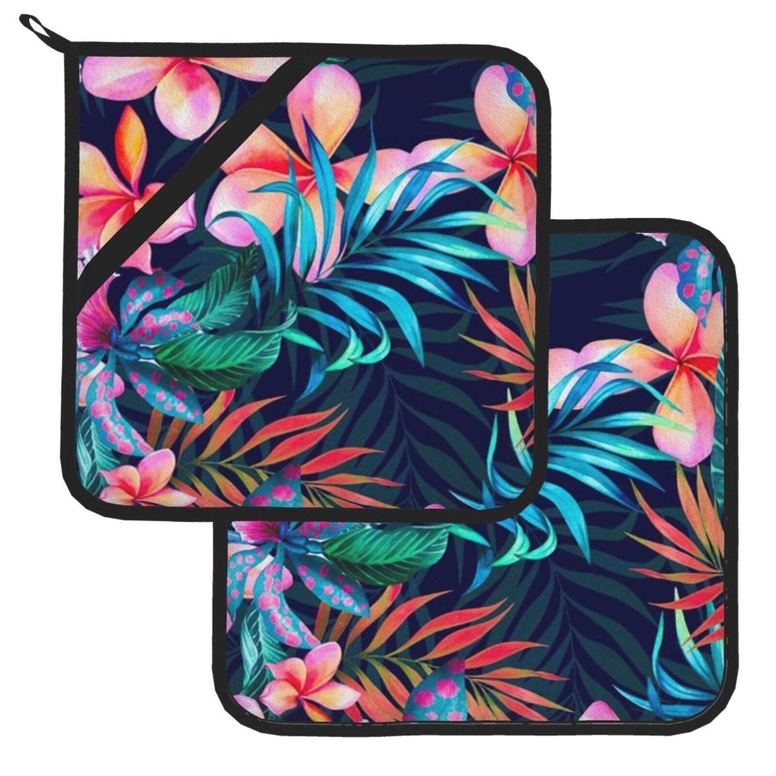 Pot Holders Sets Neon Tropical Hawaiian Flowers Heat Resistant Coaster Potholder 2 Pcs Set for Cooking Baking Non-Slip Water-Proof Potholders for Kitchens