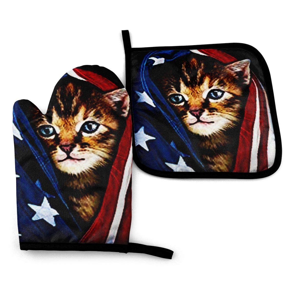 American Flag Cat Oven Mitts and Pot Holders Sets Heat Resistant Kitchen Oven Gloves Mats for Holiday Cooking Baking BBQ