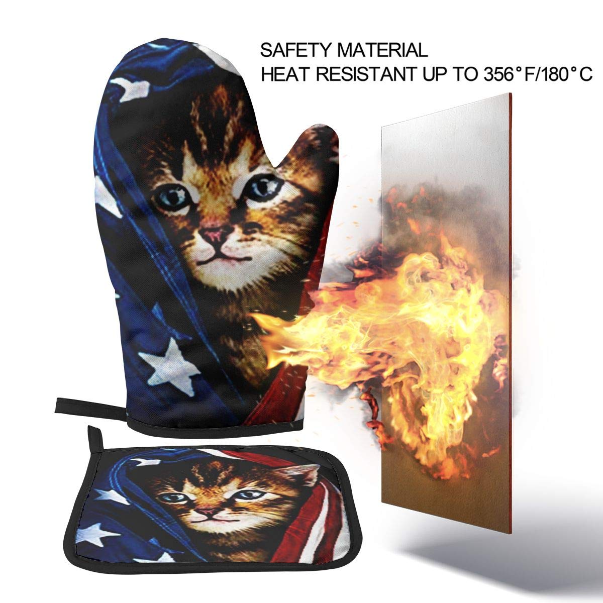 American Flag Cat Oven Mitts and Pot Holders Sets Heat Resistant Kitchen Oven Gloves Mats for Holiday Cooking Baking BBQ