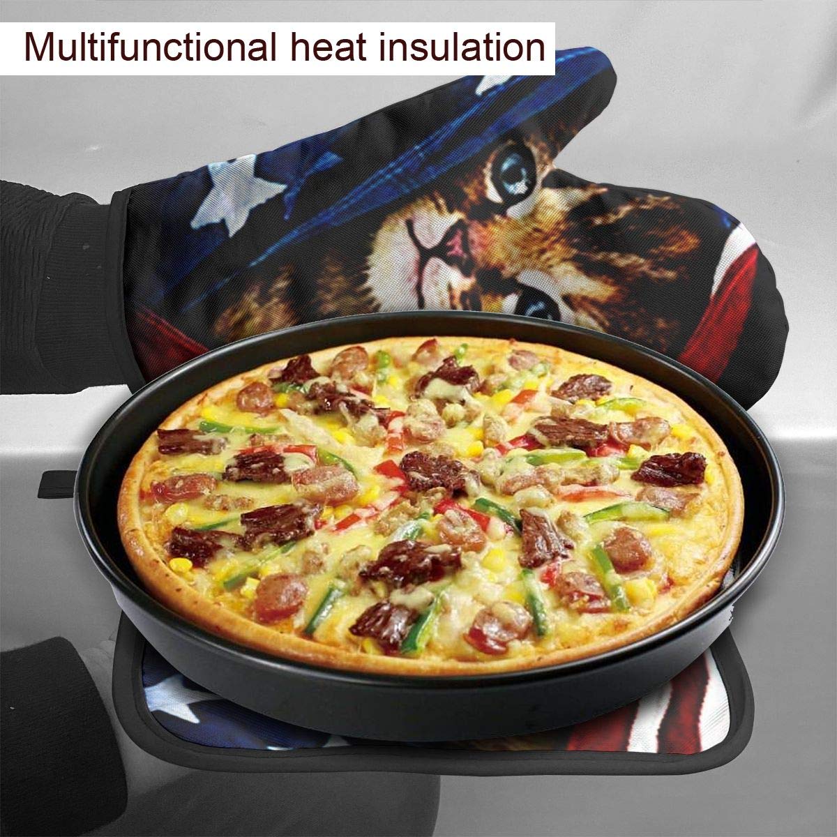 American Flag Cat Oven Mitts and Pot Holders Sets Heat Resistant Kitchen Oven Gloves Mats for Holiday Cooking Baking BBQ