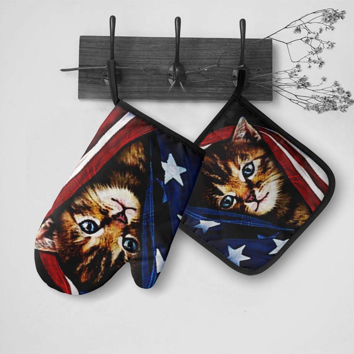 American Flag Cat Oven Mitts and Pot Holders Sets Heat Resistant Kitchen Oven Gloves Mats for Holiday Cooking Baking BBQ