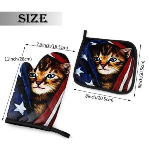 American Flag Cat Oven Mitts and Pot Holders Sets Heat Resistant Kitchen Oven Gloves Mats for Holiday Cooking Baking BBQ