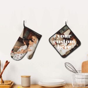 Custom Oven Mitts and Pot Holders Sets with Image Text Personalized Heat Resistance Cooking Gloves & Pot Cover Kitchen Gifts for Men Women Cooking Baking BBQ Grilling