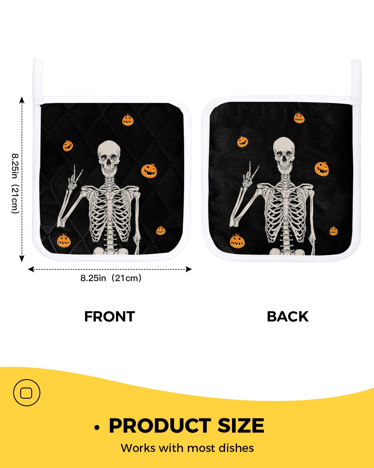 2 Pack Pot Holders Sets for Kitchen, Soft Oven Hot Pads Potholder Funny Skeleton Skeleton Cute Grimace Pumpkin Happy Halloween Heat Insulation Hot Potholders for Baking Cooking