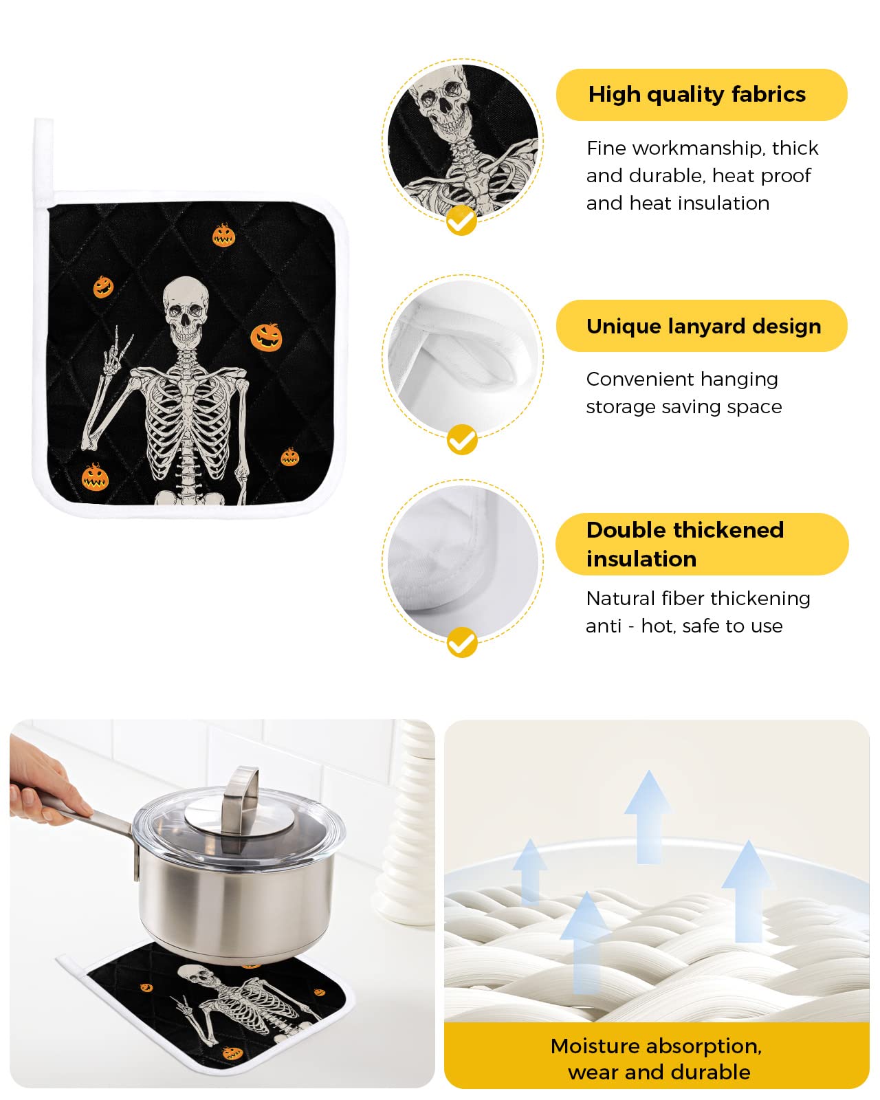 2 Pack Pot Holders Sets for Kitchen, Soft Oven Hot Pads Potholder Funny Skeleton Skeleton Cute Grimace Pumpkin Happy Halloween Heat Insulation Hot Potholders for Baking Cooking