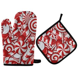 winter valentines candy canes oven mitts pot holder sets 2pcs sweets christmas xmas non-slip kitchen heat resistant hot pads for women cooking gloves baking wear bbq