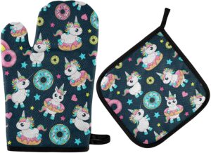 oven mitts pot holders set, donut unicorn with rainbow tail heat resistant waterproof gloves with soft cotton lining for kitchen cooking, baking, microwave, bbq