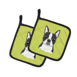 caroline's treasures bb1265pthd checkerboard lime green boston terrier pair of pot holders kitchen heat resistant pot holders sets oven hot pads for cooking baking bbq, 7 1/2 x 7 1/2