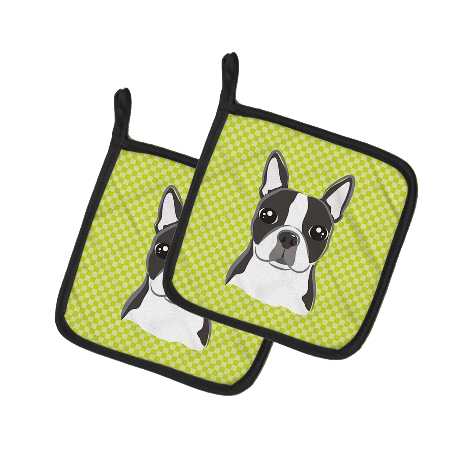 Caroline's Treasures BB1265PTHD Checkerboard Lime Green Boston Terrier Pair of Pot Holders Kitchen Heat Resistant Pot Holders Sets Oven Hot Pads for Cooking Baking BBQ, 7 1/2 x 7 1/2