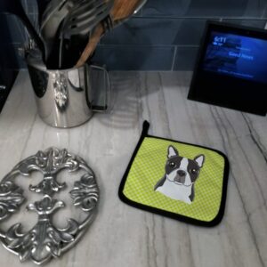 Caroline's Treasures BB1265PTHD Checkerboard Lime Green Boston Terrier Pair of Pot Holders Kitchen Heat Resistant Pot Holders Sets Oven Hot Pads for Cooking Baking BBQ, 7 1/2 x 7 1/2