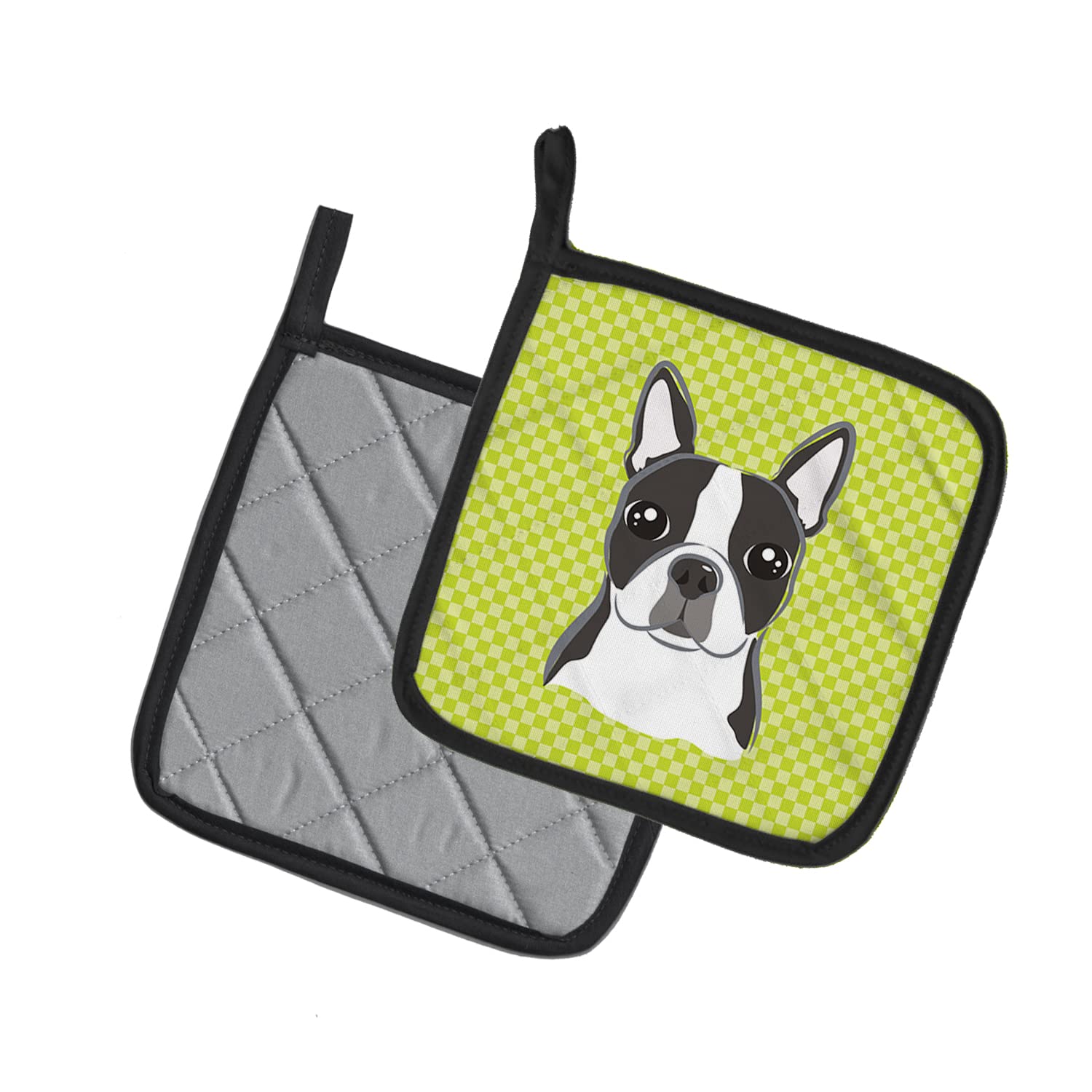 Caroline's Treasures BB1265PTHD Checkerboard Lime Green Boston Terrier Pair of Pot Holders Kitchen Heat Resistant Pot Holders Sets Oven Hot Pads for Cooking Baking BBQ, 7 1/2 x 7 1/2