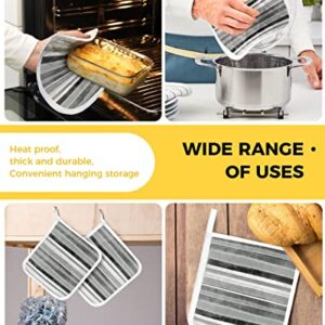 4Pcs Pot Holder with Hanging Loops, Nordic Style Pot Holder Set Cotton Heat Resistant Potholder Kitchen Hot Pads for Baking Cooking 8x8 inches Gray Watercolor Gradient Textured Stripe